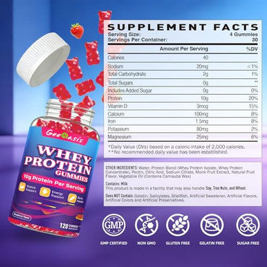 Geeoasis Whey Protein Gummies 10G Protein Chewables Supplements For Women & Men Muscle & Energy Support Bone Health Strawberry Flavor 120 Count