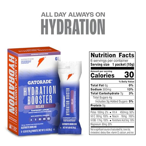Gatorade Hydration Booster Electrolyte Drink Mix Powder Packets Relax And Unwind Raspberry Lemon Makes 20 Fl Oz (Pack Of 48)