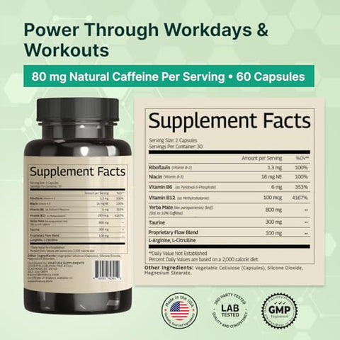 Vinatura Yerba Mate 1400Mg - Magic Natural Caffeine & Energy Supplements Usa Made & Tested High Potency Enhanced With Taurine And Vitamin B Complex 60 Capsules
