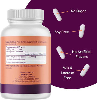 Bestvite 5-HTP 200mg per Capsule (120 Capsules) - No Stearates - No Flow Agents - Gluten - Non GMO