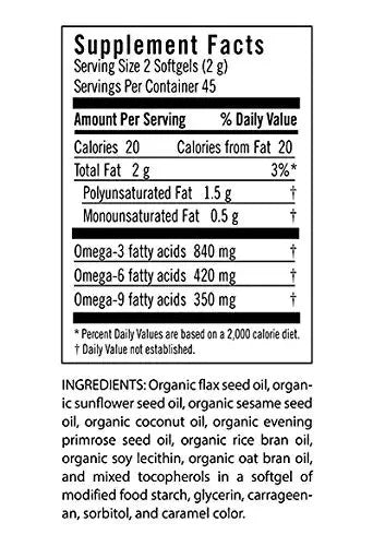 Flora Udos Choice Omega 369 Oil Blend Made with Organic Flax Sesame Sunflower Seed Oils PlantBased Vegan Omega Fatty Acids Based on Ideal 211 Ratio 180 Vegetarian Capsules