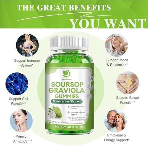 Lukaree (2 Pack) Soursop Graviola Gummies Soursop Leaves Extract W/Vitamin C Zinc & Whole Natural Food For Immunity Liver Zzz & Antioxidant Gluten Vegan 120 Gummies