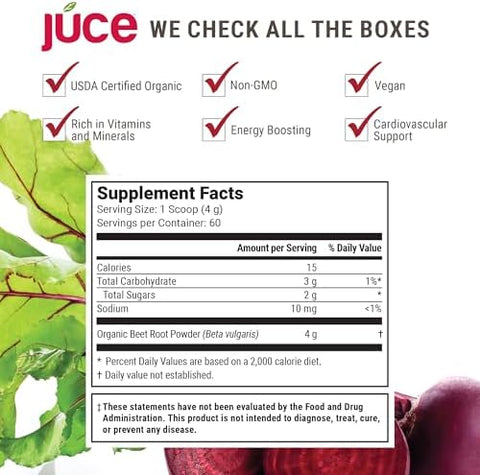 Terra Kai Organics Juce Beet Superfood Powder Made With 100% Pure Organic Beets (60 Serving) All Natural Nitric Oxide Supplement Gluten Soy Vegan Non Gmo (240 G)