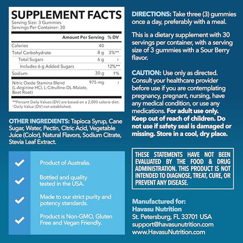 Havasu Nutrition L-Arginine Gummies With L-Citrulline And Beet Root - Nitric Oxide Supplement - 90 Count - Energy Endurance And Recovery Support - Vegan Non-Gmo - Energizing Sour Berry Flavor 30-Day Serving