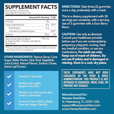 Havasu Nutrition L-Arginine Gummies With L-Citrulline And Beet Root - Nitric Oxide Supplement - 90 Count - Energy Endurance And Recovery Support - Vegan Non-Gmo - Energizing Sour Berry Flavor 30-Day Serving