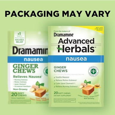 Dramamine Nausea Relief Ginger Chews 20 Count And Preggie Pop Drops Plus21 Dropsvitamin B6 For Morning Sickness & Nausea Relief