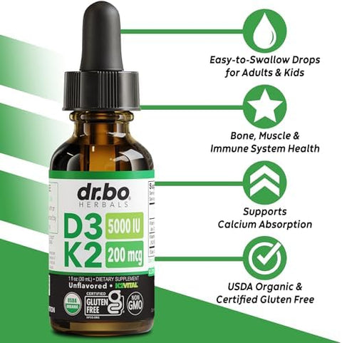 Vitamin D3 K2 Liquid Drops Organic D3K2 Vitamin D3 K2 Drops Liquid Supplement MCT Oil for Adults and Kids Calcium Absorption Strong Bones Vit D and K 5000 IU Supplements Vitamins D + K MK7 1 Fl Oz