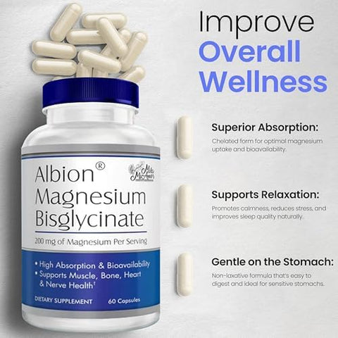 MilaMiAmor Albion Magnesium Bisglycinate Highly Absorbable Chelated Magnesium for Muscle Nerve Relaxation and Sleep Support Gentle on Stomach Vegan 200mg per Serving 60 Capsules
