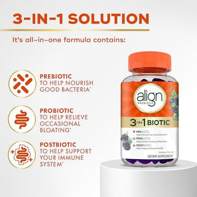Align Probiotic 3In1 Biotic Gummies Prebiotic + Probiotic + Postbiotic #1 Doctor Recommended Probiotic BrandÃ¢â‚¬Â¡ Helps Relieve Occasional Bloating Blackberry Flavor 50 Gummies