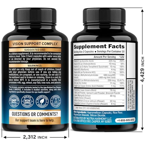 Nutraharmony Eye Vitamins - Lutein And Zeaxanthin Supplements - Areds2 Based Supplement For Seniors & Adults - Eye Health & Vision Support - Saffron Zinc Vitamins Copper Super Greens - Made In Usa 60 Capsules