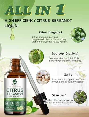 Lukaree Citrus Bergamot + Soursop Liquid Drops With Garlic Olive Leaf Vitamin C D3 Black Pepper For Enhanced Absorption Herbal Wellness Supplement For Cholesterol Heart Digestive & Immune 2 Fl Oz