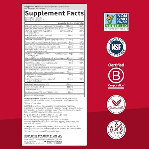 Garden Of Life Dr. Formulated Multi+ Heart Health Fermented Liposomal Multivitamin + Vitamin K2 Mk7 B Vitamins and Probiotics One A Day For Cardiovascular and Blood Vessel Function 30 Capsules
