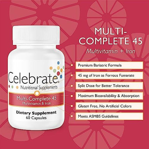 Celebrate Vitamins Bariatric Bundle MultiComplete 45mg Iron Multivitamin and Balance Probiotic + Prebiotic Capsules PostSurgery Nutritional and Digestive Support for Sleeve Gastrectomy and Gastric Bypa