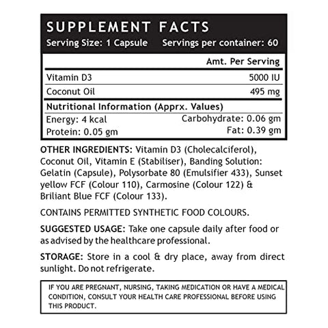 Inlife Vitamin D3 5000 Iu Cholecalciferol With Extra Virgin Coconut Oil Supplement For Better Absorption For Both Men & Women Supports Immunity Bones & Muscle Health Pack Of 1 60 Soft Gels
