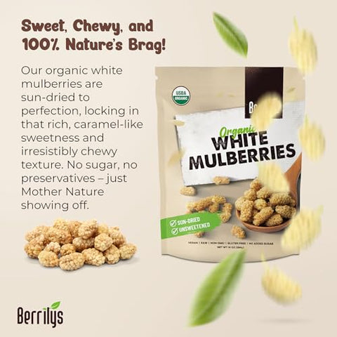 Berrilys Organic Dried Mulberries - White Mulberry, Non-GMO, Unsulfured, Raw, Kosher, Vegan - Healthy Berries, Superfood, No Sugar Added, USDA Organic Certified, FDA Registered Facility - 10oz