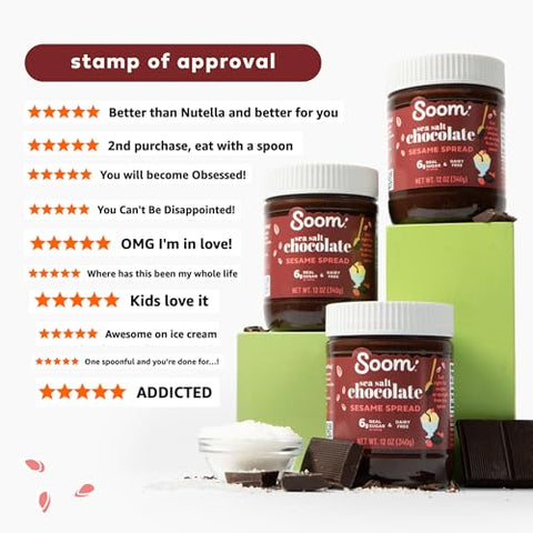 Soom Foods Chocolate Sea Salt Sesame Spread 12oz (2 Pack) Made with 4 Ingredients Low Sugar DairyFree NutFree GlutenFree Palm OilFree 5g Protein Better for You Chocolate Tahini Spread