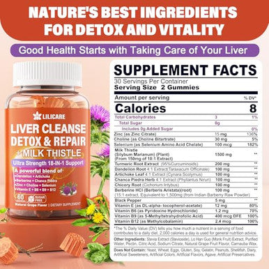 Lilicare Milk Thistle Liver Detox Gummies 18 In 1 Liver Cleanse Detox & Pack Of 2