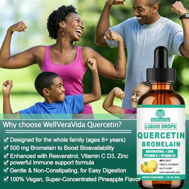 WellVeraVida Quercetinth BromelainQuercetin 1000mg and Bromelain 500mg Liquid Drops | Quercetin Supplements Extract with Zinc Vit C & D3 for Immune Antioxidant and Respiratory Support Capsule Alternative Vegan