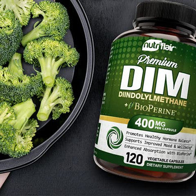 NutriFlair DIM Supplement 400mg with Bioperine, 120 Capsules - Diindolylmethane - Estrogen Metabolism Support & Hormone Balance, Menopause, PCOS, Acne and Skin Care for Men & Women - Compare to 300mg