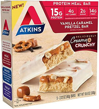Atkins CafÃƒÂ© Caramel Protein Shake 3G Net Carb + Atkins Vanilla Caramel Pretzel Protein Bar 4G Net Carbs Keto Friendly Bundle