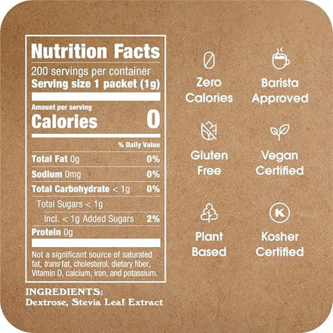 Stevia In The Raw Stevia Sweetener Packets 200 Ct Box 1 Pack Zero Calorie Stevia Sugar Substitute Packets No Erythritol or Artificial Flavors Vegan Gluten Free Kosher Low Glycemic Index
