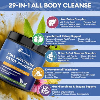 Femmetra 29-In-1 Full Spectrum Detox Powder | 5-Step Total-Body Reset For Liver Lymphatic Colon & Gut Support | Potent Earthy Taste From Natural Ingredients 30 Servings