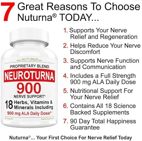 Nuturna Neuropathy Support Nerve Supplement With 900 Mg Pure Alpha Lipoic Acid Maximum Strength Formula Fortify Nerves In Fingers Hands Toes & Feet Best Peripheral Relief Support 180 Capsules
