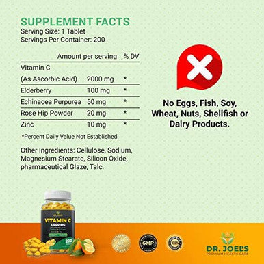 Dr. Joel'S Immune Support Vitamin C 2000 Mg - 200 Tablets - With Zinc, Elderberry, Rose Hip, Echinacea - Boosts Immune System- Made In Usa