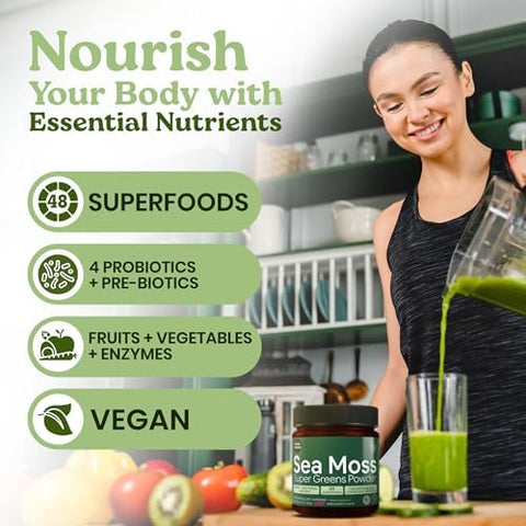 Atlantic Naturals Organic Sea Moss Super Greens Powder - Greens Superfood With 12 Vegetables 15 Fruits Probiotics 16 Herbs & Spices - Digestive Health Energy Skin & Immunity - Mixed Berry Flavor