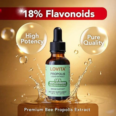 LOVITA Bee Propolis Liquid Extract 30 Day Supply 5:1 Resin Drops with 18% Bioflavonoids Alcohol Free Antioxidant Immune Support and Throat Soothing Gluten Free Non GMO