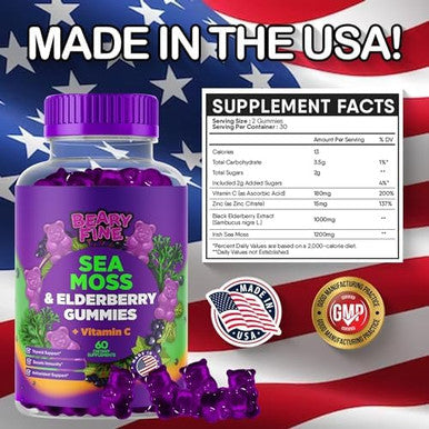 Sea Moss Gummies & Elderberry - Vitamin C + Zinc ÃƒÂ¢Ã¢â€šÂ¬Ã¢â‚¬Å“ Extra Strength Immune & Thyroid Support Booster Gummy Bears For Kids & Adults - 60 Seamoss Gummies - Made In The Usa