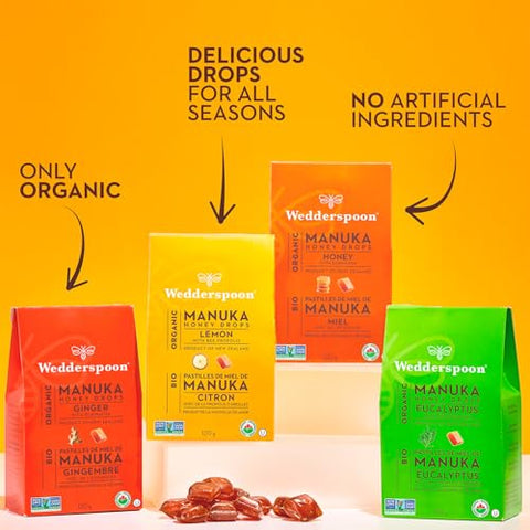 Wedderspoon Organic Manuka Honey Drops, Eucalyptus & Bee Propolis, 20 Count (Pack of 1), Genuine New Zealand Honey, Perfect Remedy For Dry Throats