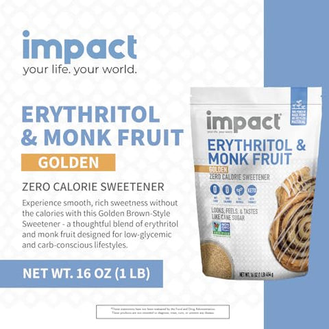 Impact - Golden Erythritol & Monk Fruit - Zero Calorie Sweetener, Sugar-Free, Non-GMO, Net Carb Free, Zero Glycemic, Baking Use - 1lb Resealable Bag
