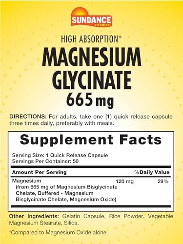Sundance Magnesium Glycinate Capsules 665 mg 50 Quick Release Pills NonGMO and Gluten Supplement