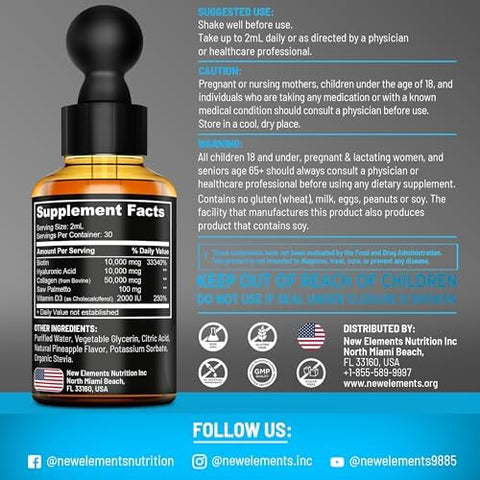 Elements Liquid Biotin For Hair Growth Women & Men 10000Mcg Biotin And Collagen Supplements With Saw Palmetto & Hyaluronic Acid Biotin Drops For Hair Growth With Vitamin D3 For Hair Skin And Nails