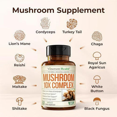 Mushroom 10x Complex with Lions Mane Extract Turkey Tail Cordyceps Reishi Shiitake Chaga & Maitake for Cognitive Support Vegan Mushroom Supplement Blend for Natural Energy & Focus 60 Capsules