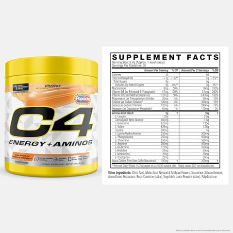 C4 Energy Aminos Powder Orange Popsicle 5G Bcaa & Eaas For Muscle Recovery 3 Electrolytes For Hydration 100Mg Natural Caffeine Pre-Workout Zero Sugar 30 Servings
