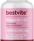 Bestvite Vegan Vitamin D3 5000 IU + Vitamin K2 100 mcg as MK-7 (120 Vegetarian Capsules) No Stearates Vegan Non GMO Gluten