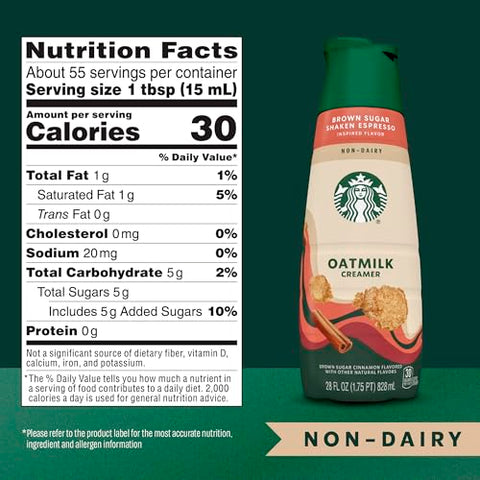 Starbucks Non-Dairy Brown Sugar Cinnamon Flavored Creamer, Oatmilk Coffee Creamer, Inspired By Brown Sugar Shaken Espresso 28 fl oz