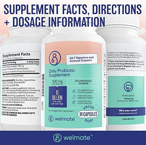 Welmate Probiotic Bundle: Saccharomyces Boulardii 10 Billion Cfu & Bifidobacterium Gut Health Formula Vegan Gluten Nongmo Digestive & Immune Support 400 Total Veggie Capsules