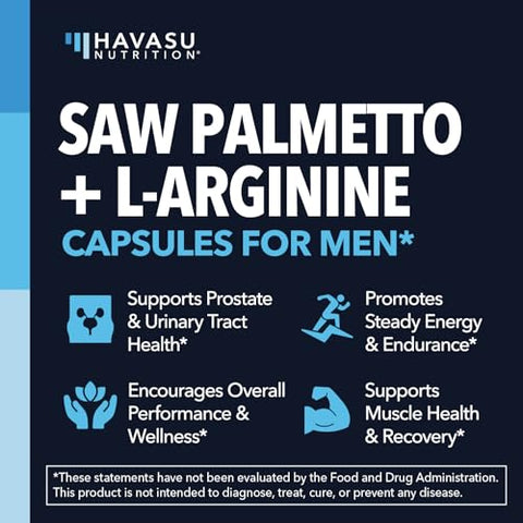 Havasu Nutrition Saw Palmetto 500Mg And L-Arginine 500 Mg - Prostate Health And Nitric Oxide Supplements For Men - 60 Count - Urinary Function Support And Endurance For Active Males - Vegan Non-Gmo 1 Month Supply