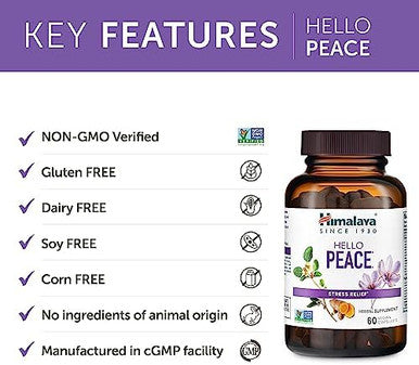 Himalaya Hello Peace Daily Stress Relief Herbal Supplement Ashwagandha Turmeric Saffron Eases Nervousness Relaxation And Calm Balances Cortisol Nongmo Vegan 60 Capsules 30 Day Supply