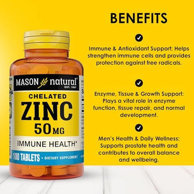 Mason Natural Zinc 50 Mg Supports Immune Function & Antioxidant Health 100 Tablets Pack Of 3
