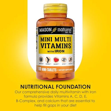Mason Natural Daily Mini Multi Vitamins With Iron Vitamins A C D E B1 B2 B3 B6 B12 Folate & Calcium 100 Day Supply Per Bottle (3Pack)