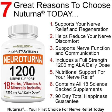 Nuturna Neuropathy Support Supplement With 1200 Mg Pure Alpha Lipoic Acid Maximum Strength Nerve Formula To Fortify Nerves In Fingers Hands Toes & Feet Best Natural Nerve Relief Support 180 Capsules