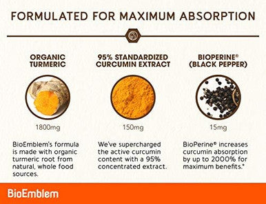 BioEmblem Turmeric Curcumin with BioPerine Curcuminoids For Joint Support and Heart Health Made With Organic Turmeric Powder And Curcuminoids Extract - Non-GMO Made In USA
