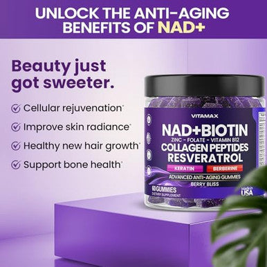 Nad+, Resveratrol, Berberine, & Biotin Anti-Aging Gummy - Hair, Skin, Nails & Joint Supplement - Collagen Peptides, Keratin, Zinc, Vitamin K2 & D3 Gummies - Regeneration - Vegan - Made In Usa 60 Count