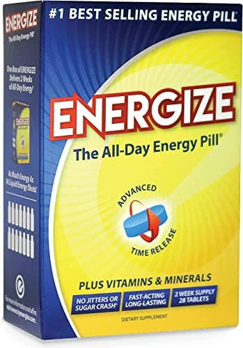 Energize Caffeine Pills - Fast Acting Energy Pill - Healthy Focus Brain Supplement - Improved Performance, Alertness, And Clarity - All Day Energy, No Jitters, No Crash - 28 Time Released Tablets