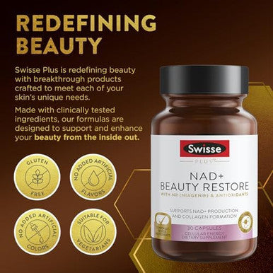 Swisse Plus Nad+ Beauty Restore Clinically Tested Ingredients Nad+ Supplement For Men & Women Supports Collagen Formation, Skin Elasticity & Anti-Aging Supplement 30 Capsules