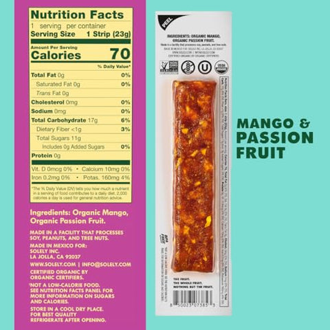 SOLELY - Organic Mango Passion Fruit Jerky - 1 Individually Wrapped Strip - Fruit Leather Made from Dried Fruit - Healthy Snacks for Adults & Kids - Non GMO, Vegan Snacks - 0.8oz (23g)